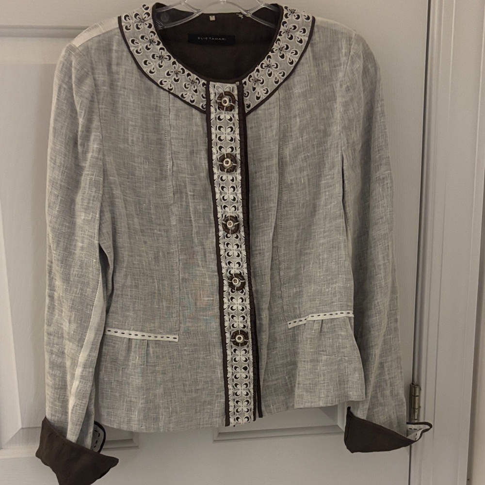 Elie Tahari Gray Blazer with Brown Trim
